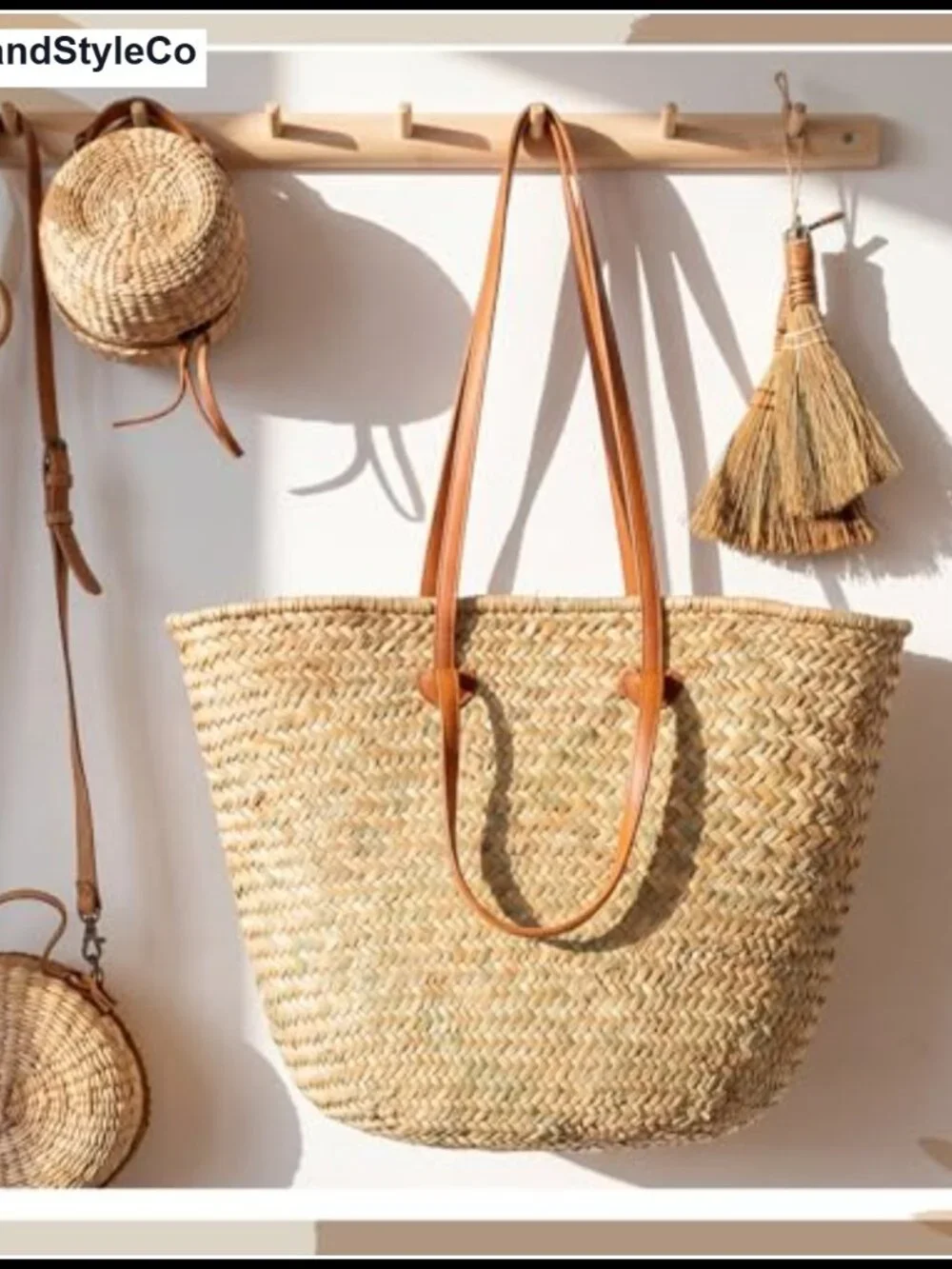Oversized Straw Basket Tote Bag with Leather Handles & Drawstring